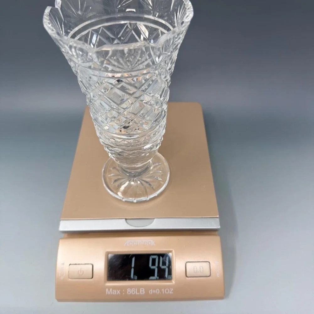 Vintage Cut Crystal Footed Vase Clear Glass Diamond Pattern Scalloped Rim 8 Inch